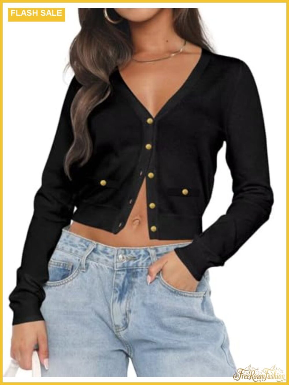 Womens Long Sleeve Cropped Cardigan Open Front Knit, Button Down V Neck